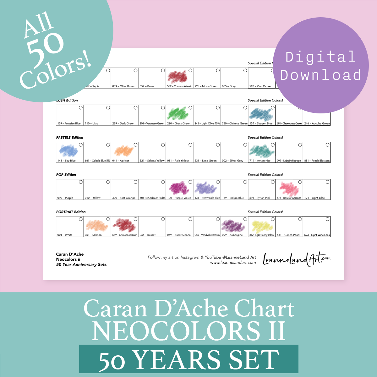 Caran D'Ache Neocolors II 50 YEARS Chart - Full Colour Chart - Print and Colour - Easy Art Reference