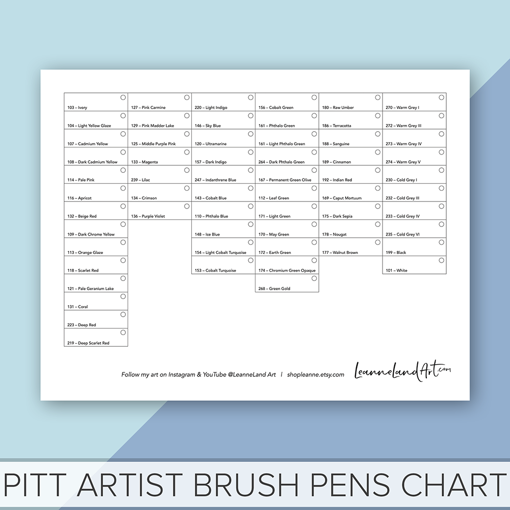 PITT Artist Brush Pen Marker Chart - Full Marker Chart - Print and Colour - Easy Art Reference