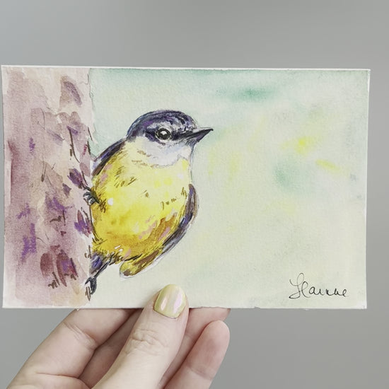 Video of Eastern Yellow Robin watercolour painting, 4x6".